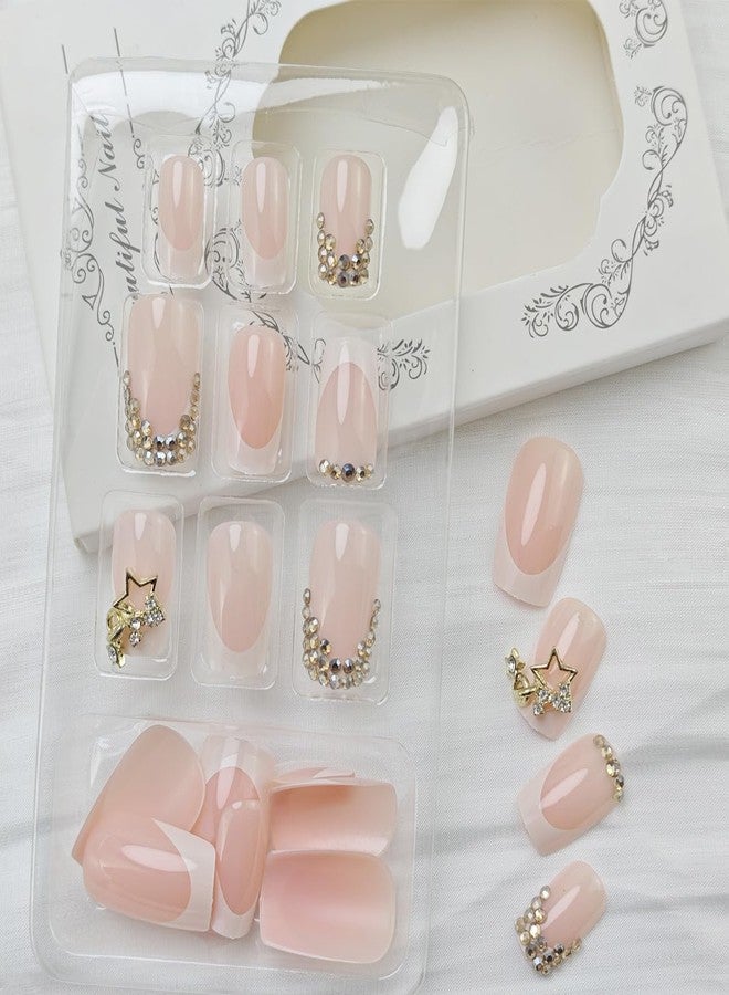 KRTBKR 24Pcs Gold Rhinestones Press on Nails Short Square French Tip Fake Nails 3D Diamond with Gold Star Gems Glitter Full Cover Reusable Acrylic Nails Glossy Stick on Nails for Women Girl Acrylic Nails DIY - Image 4